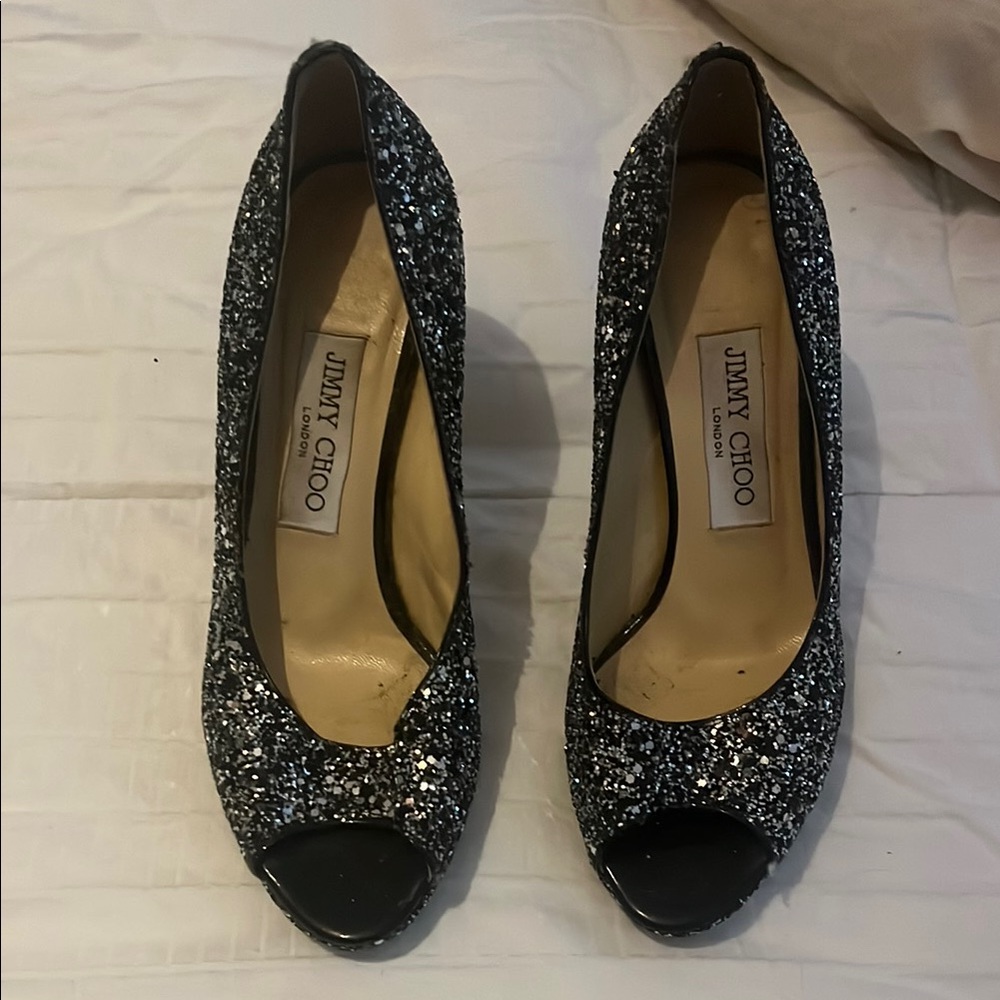 Jimmy Choo Black and Silver Sparkle Heels